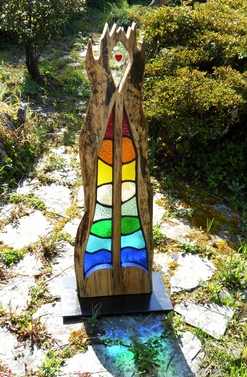 Pictis-Stained Lead Glass Wood Art Sculpture